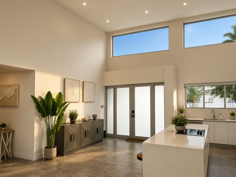 Bright modern interior with soaring ceilings and a sleek kitchen island