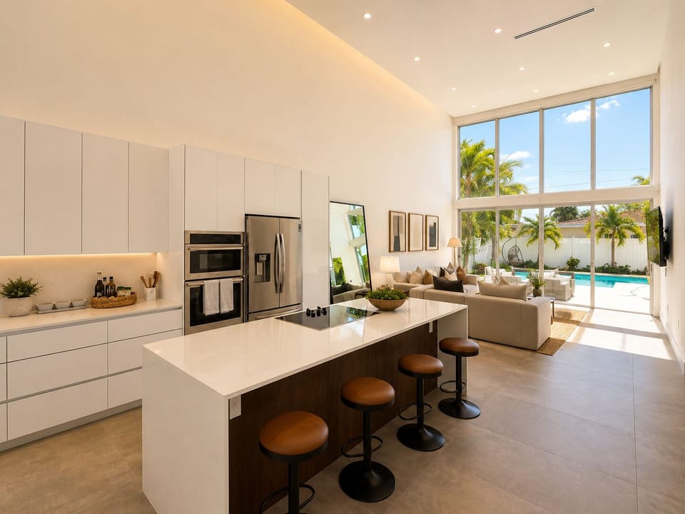 Bright modern great room with chef’s kitchen and poolside views