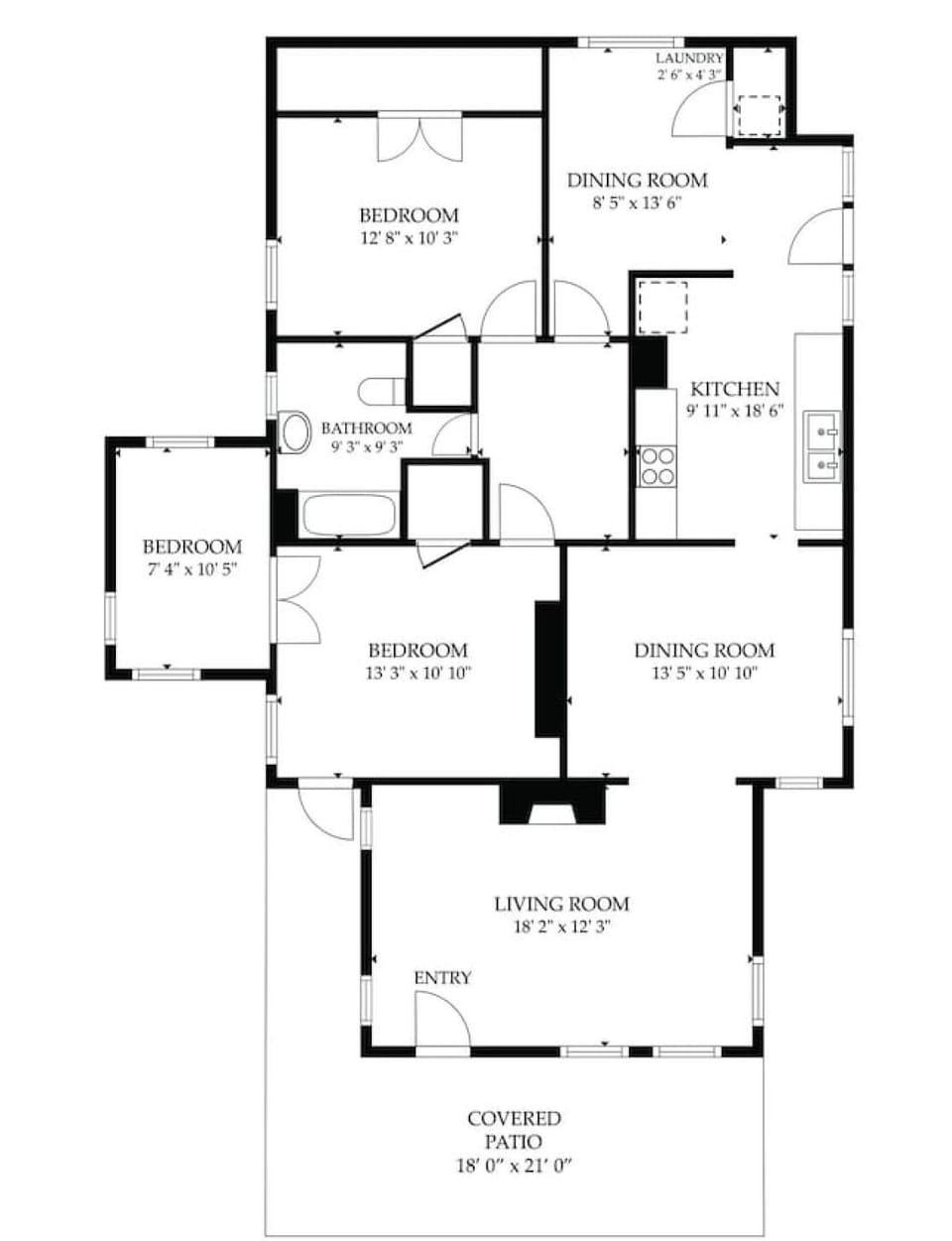 Floor plan (NOTE: Third, smallest bedroom used as office)