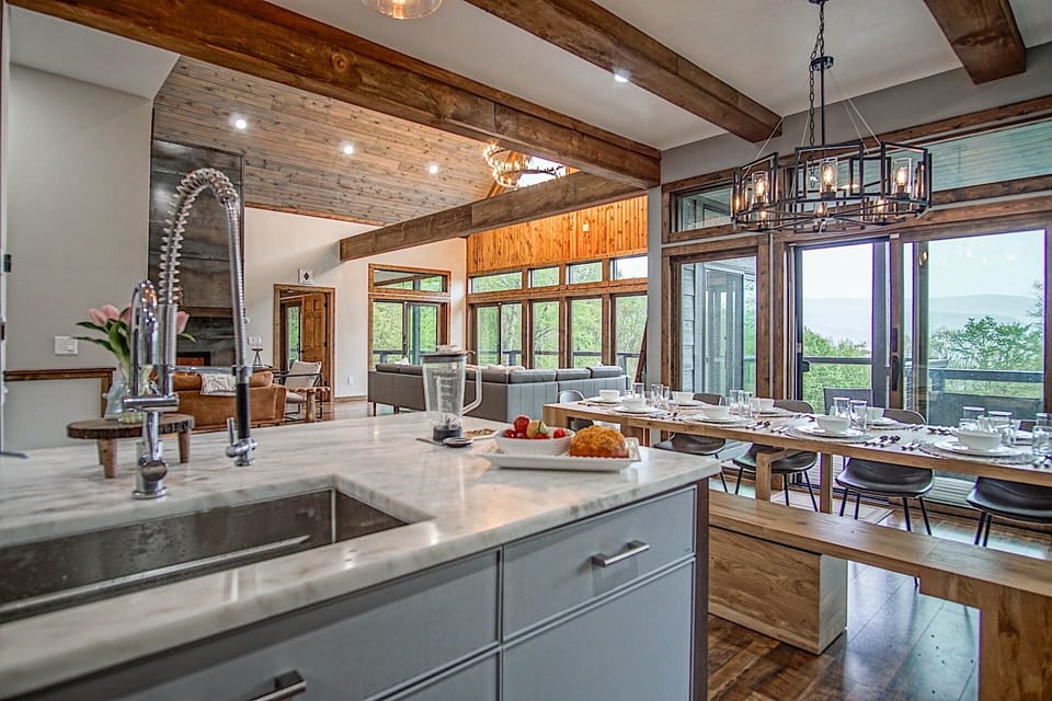 In this picture you can see the open concept from the kitchen sink on the main level.