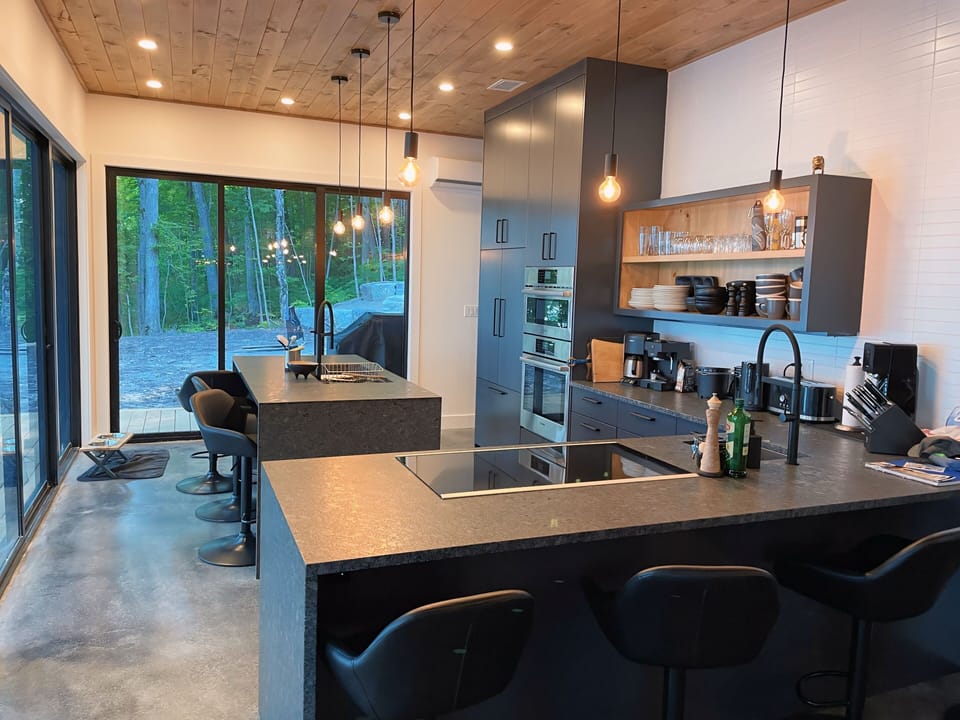 Modern kitchen with induction stove, oven, dishwasher, 2 sinks, ... 