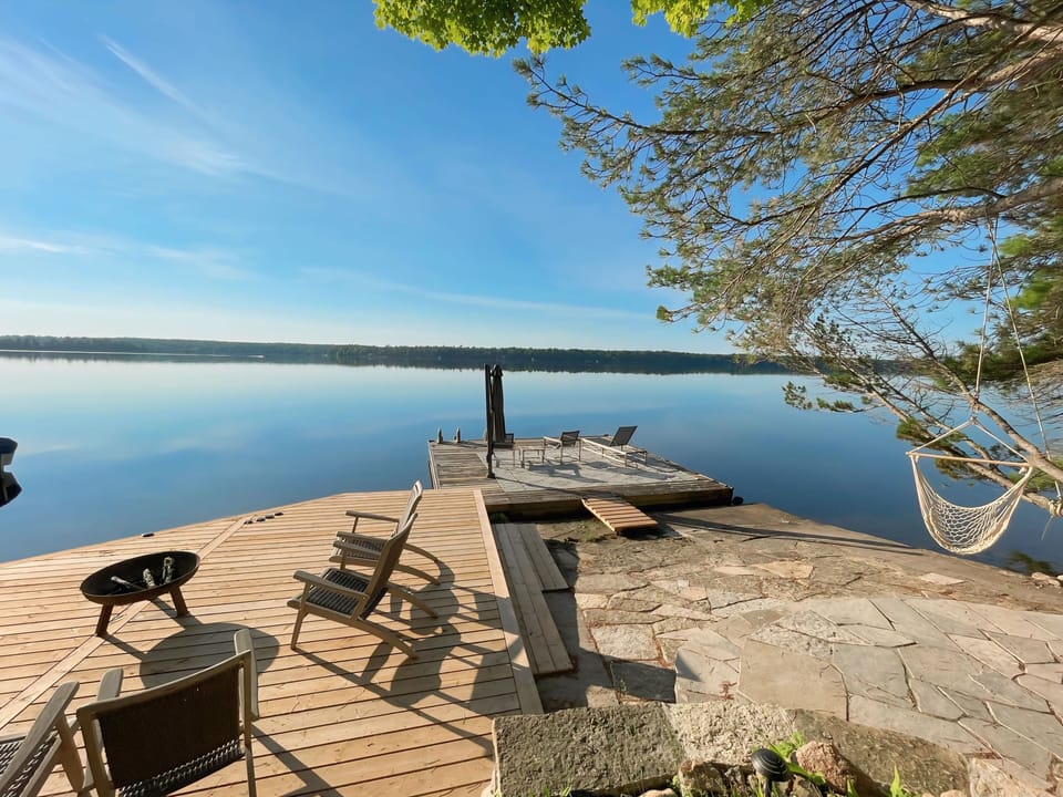 Deck with firepit, and 20x20ft floating dock for jumping in the water
