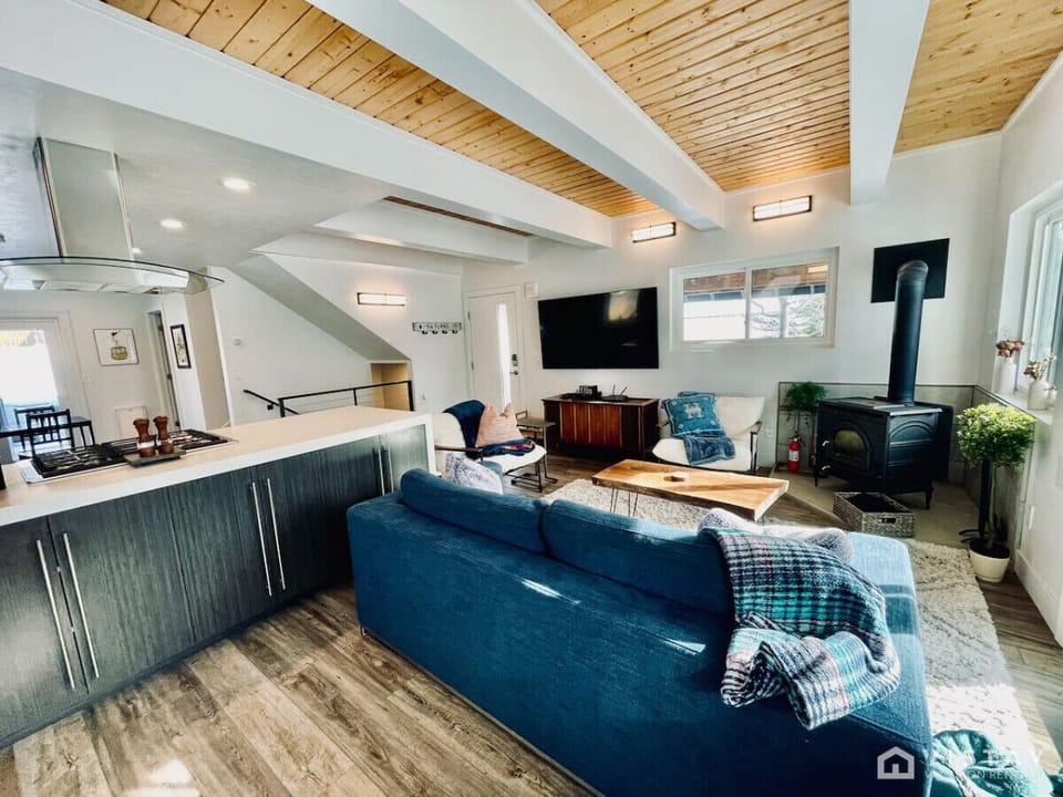 Enjoy the spacious living room featuring a sofa bed, a TV, and an indoor fireplace for cozy evenings.