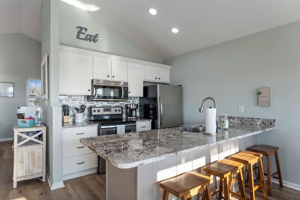 Fully stocked kitchen + essentials like paper towels, soaps, and more!
