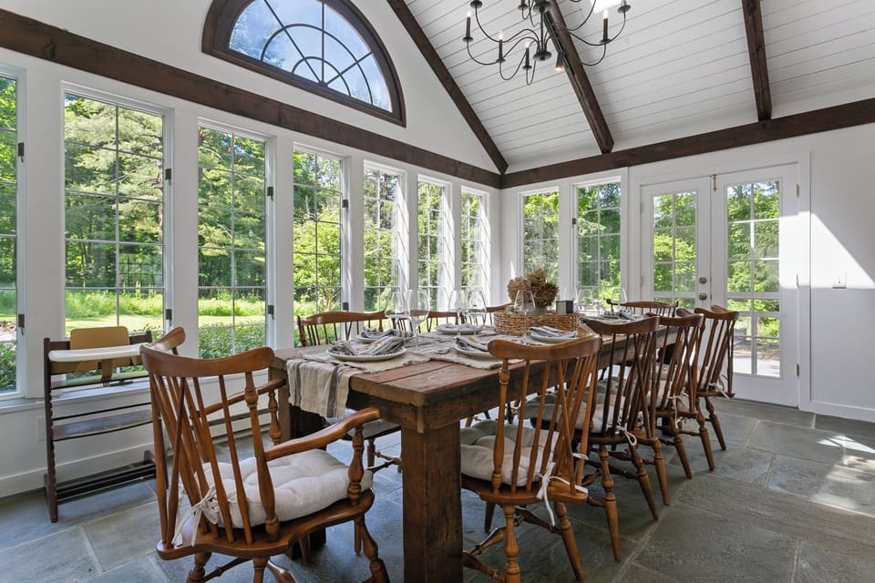 10 seater Farmhouse dining table.  2 Stokke high chairs and 2 booster seats.
