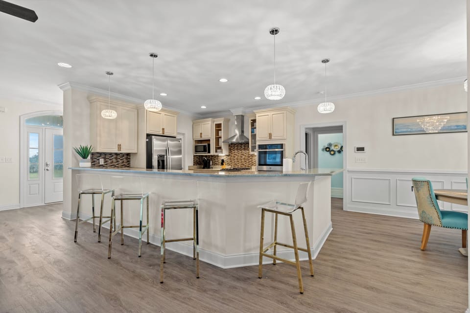 The kitchen counter provides additional space for serving snacks or meals.