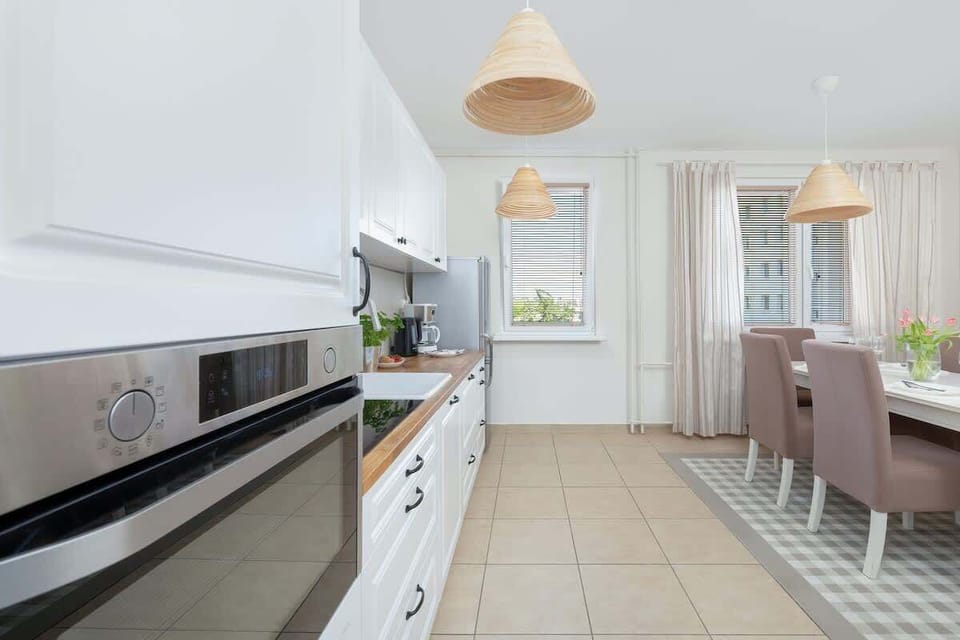 The kitchen's modern appliances make meal preparation easy.