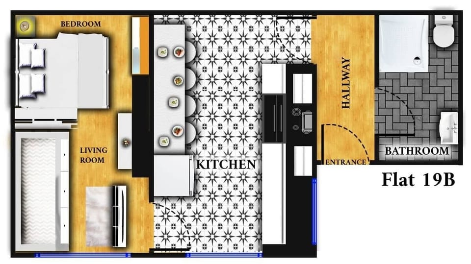 Floor plan of Flat 19B showing the full layout. Bedroom, kitchen, living area, hallway and bathroom. What you see is what you get.