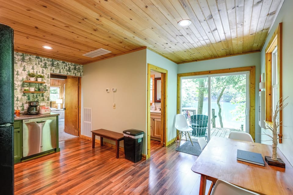 The dining area opens onto a deck.