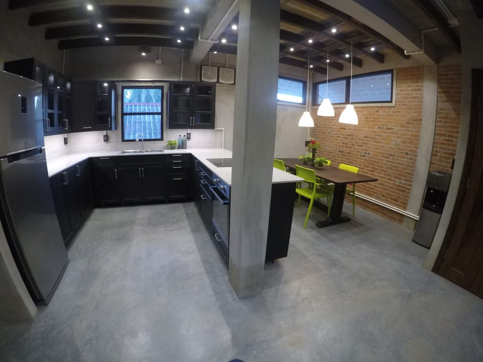 Open kitchen and dining areas