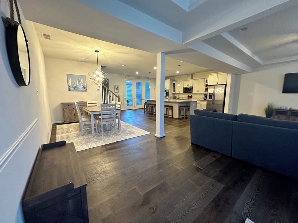 Dining room, kitchen, living room.