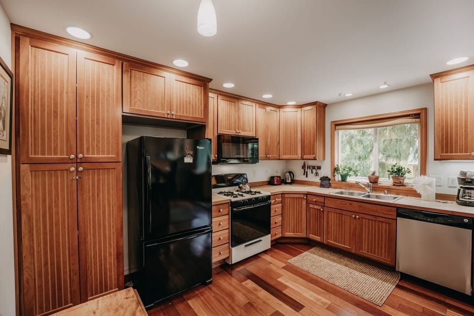 Indoors, Hardwood, Stained Wood, Kitchen, Refrigerator