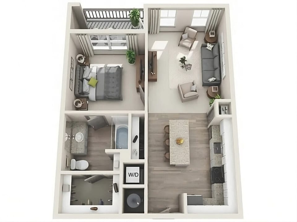 Digitally Staged Floorplan of the 750sqft home. Actual home is Mirror`d version of this layout.