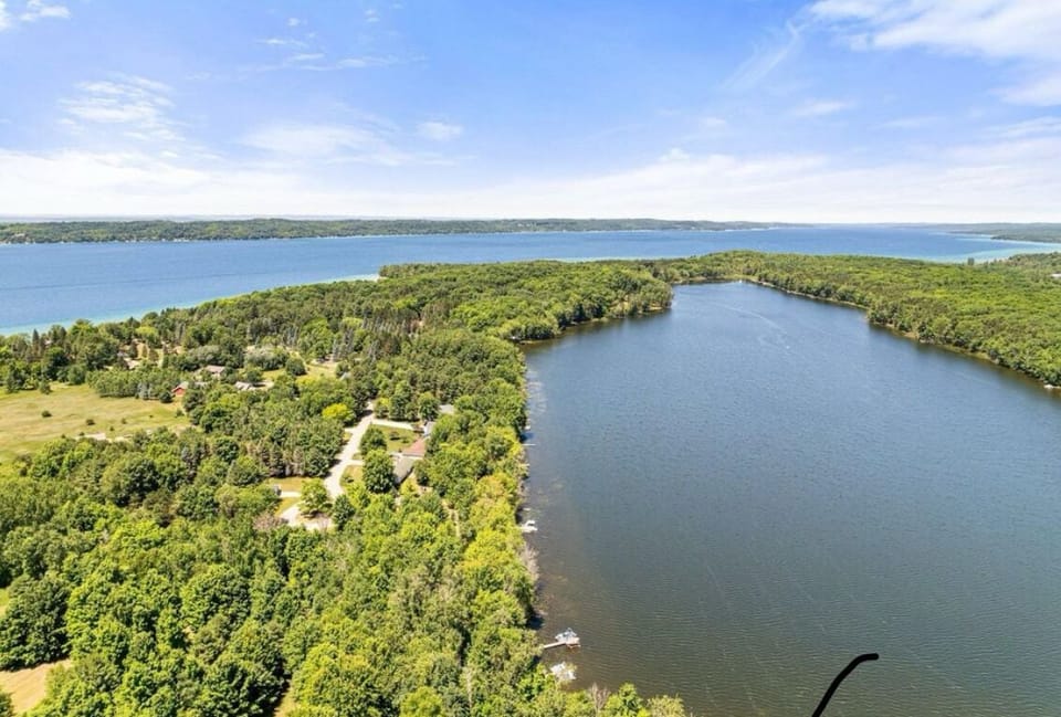 Aerial view of torch Lake and Thayer Lake