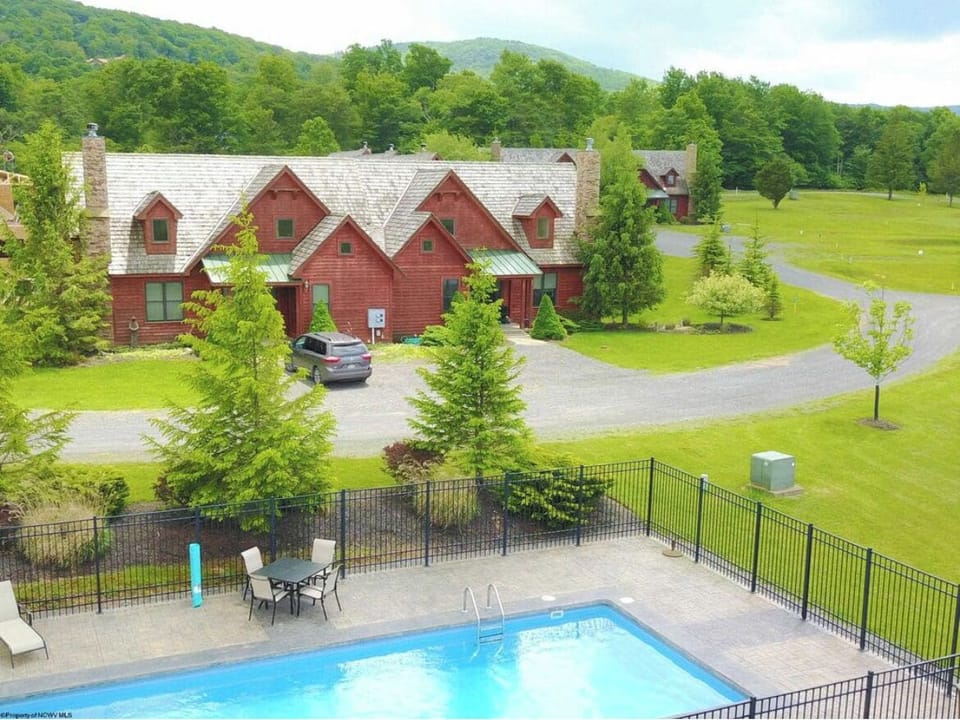 overhead view, with Aspen Village community pool, just steps from our front door