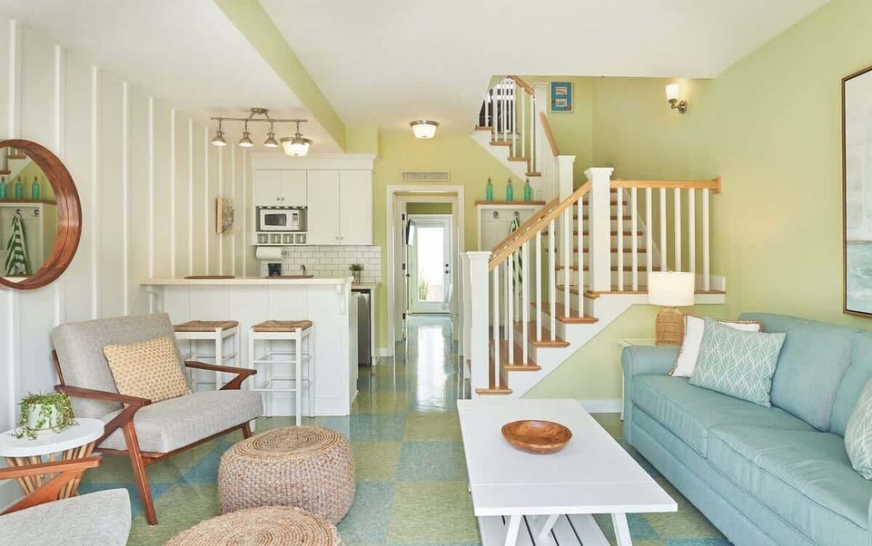 First floor living room with kitchen and seating area 