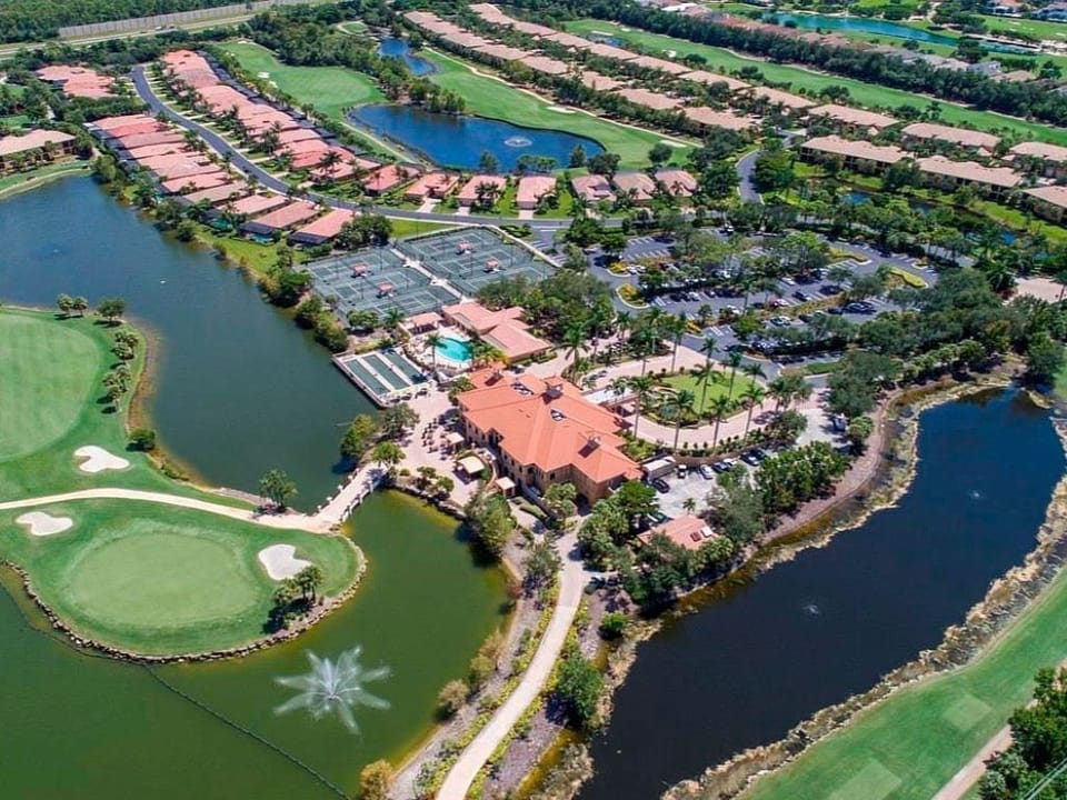 View of club house, golf course, tennis and bocce courts