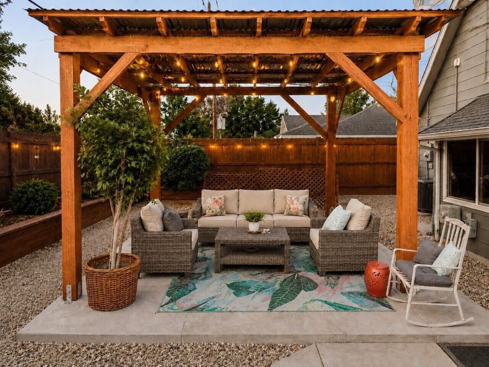 Relax beneath the pergola with comfortable outdoor seating, perfect for morning coffee or evening conversation.