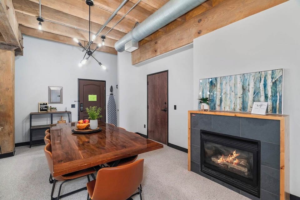 Enjoy some snacks and relax by the fireplace in our dining room!