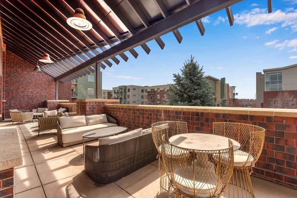 Outdoor community patio for relaxing or remote work