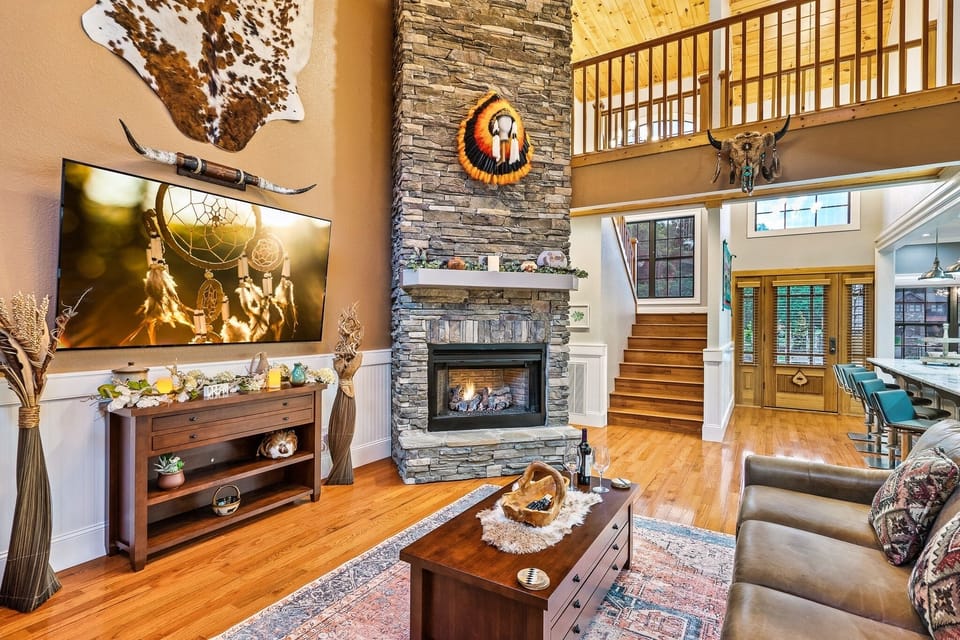The family room is adorned with original native american art.