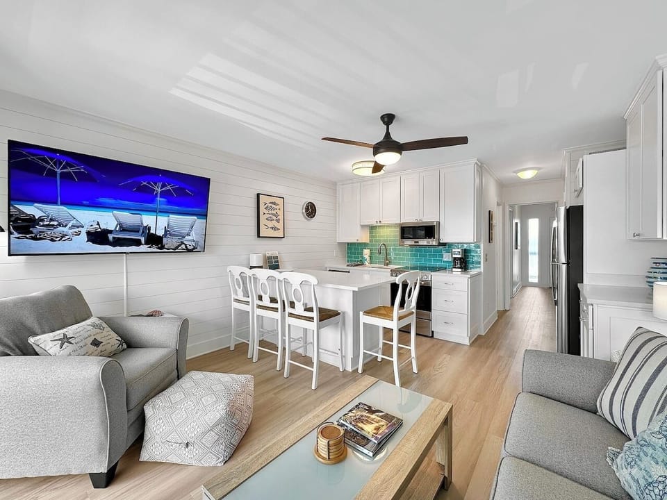 Living Room & Kitchen at Sea Cabin 214A, Isle of Palms, SC | IOP Escapes