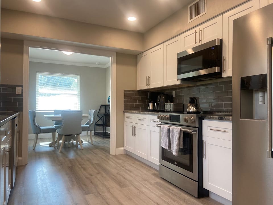 Our fully equipped kitchen with Stove, Kettle, Coffee maker and dishwasher.