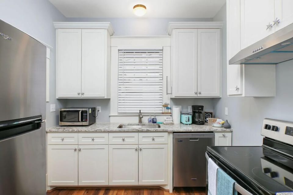 The kitchen has everything you need to cook a delicious meal. Just bring food or better yet catch it yourself in the Gulf of Mexico.