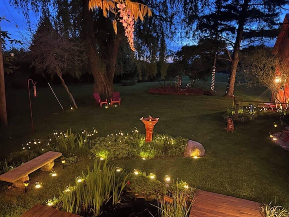 Different view of north side of yard from back deck at dusk!