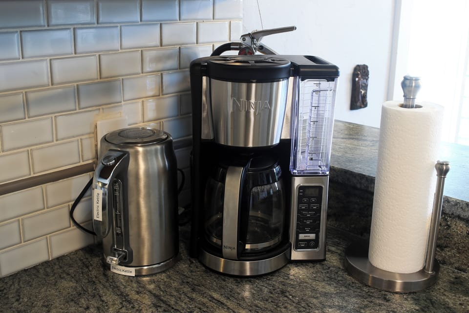 Traditional drip coffee and Keurig (not pictured, BYO pods), electric kettle 