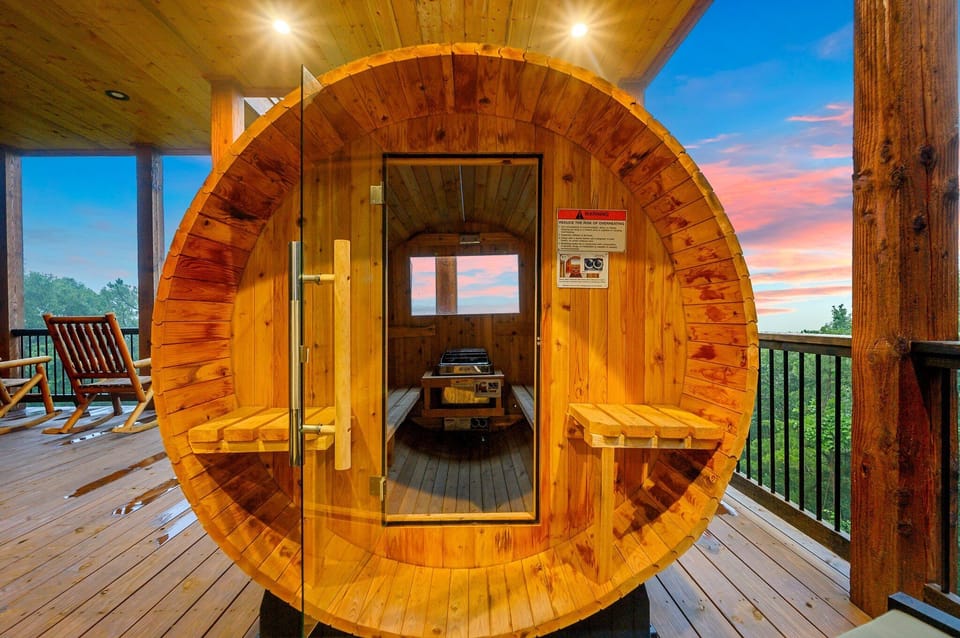 The barrel sauna sits right on the back deck, perfectly positioned for you to relax while taking in the mountain views. Enjoy the health benefits and calming heat any time during your stay.