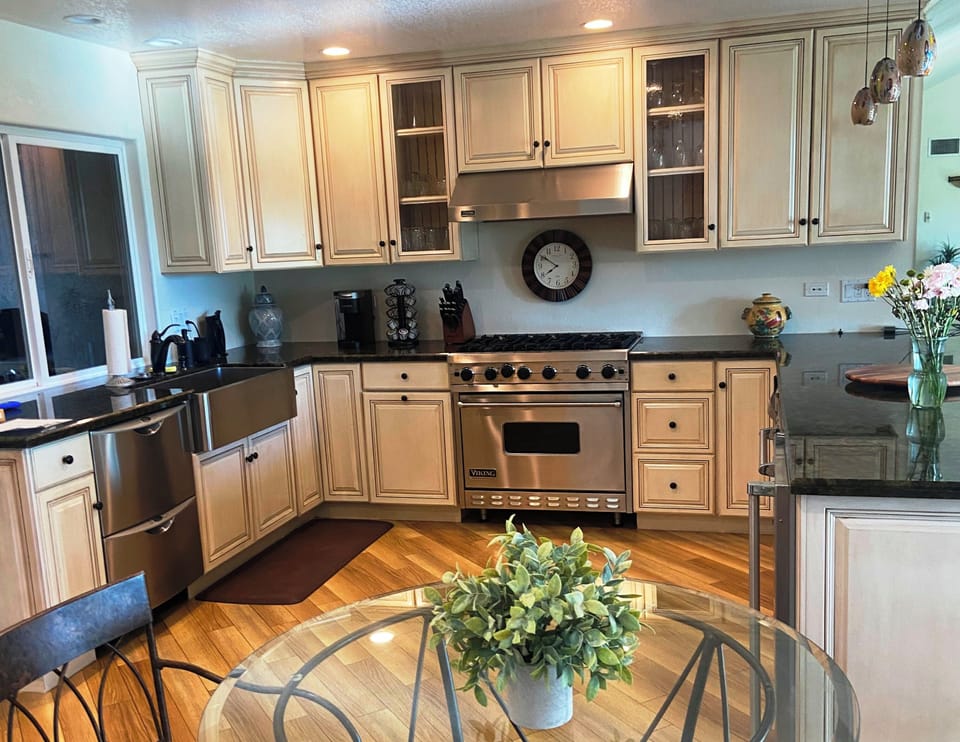 Kitchen with gas stove, double dishwasher, warming oven, wine cooler, etc.