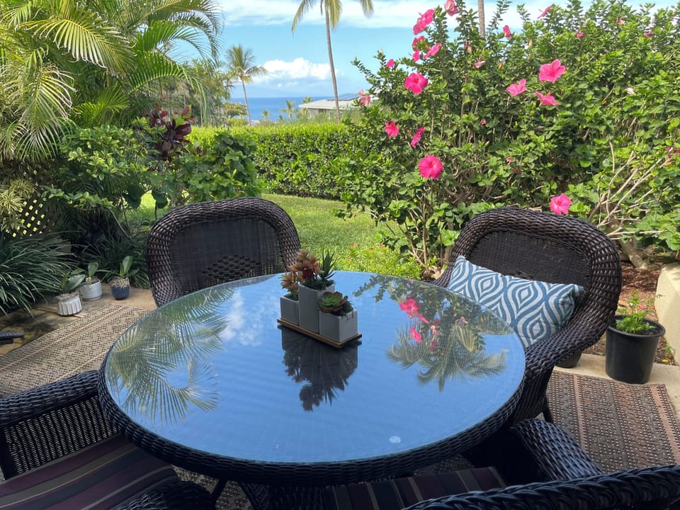 View from the front lanai. Dining table, chairs and lounger. Coffee or cocktails