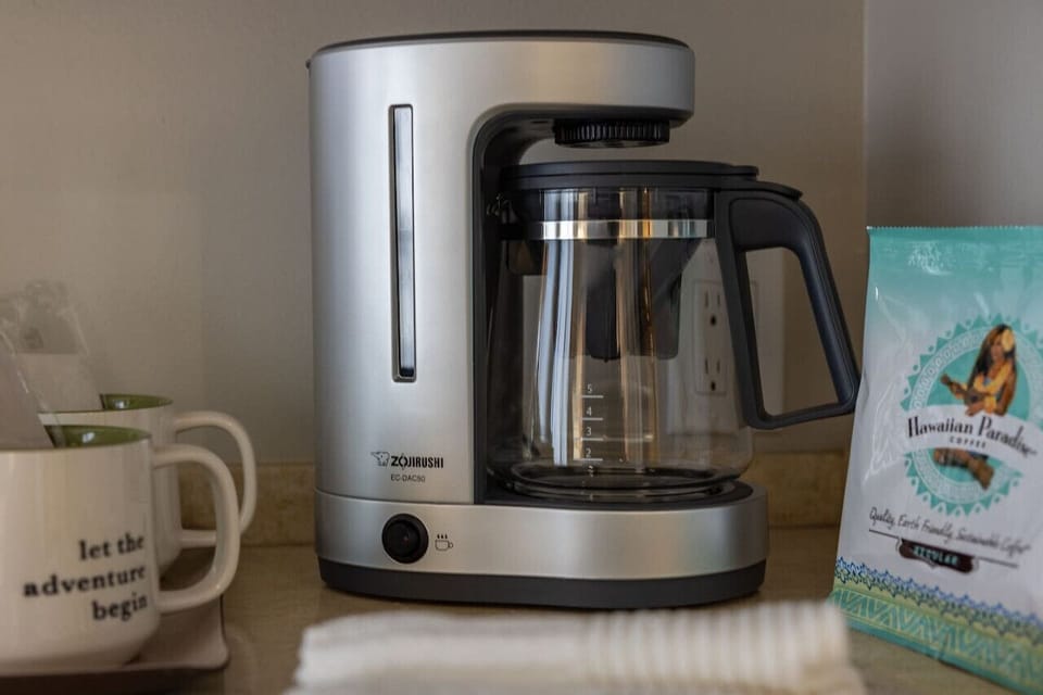 Coffee station ready for easy, wake-up brews before your adventures.