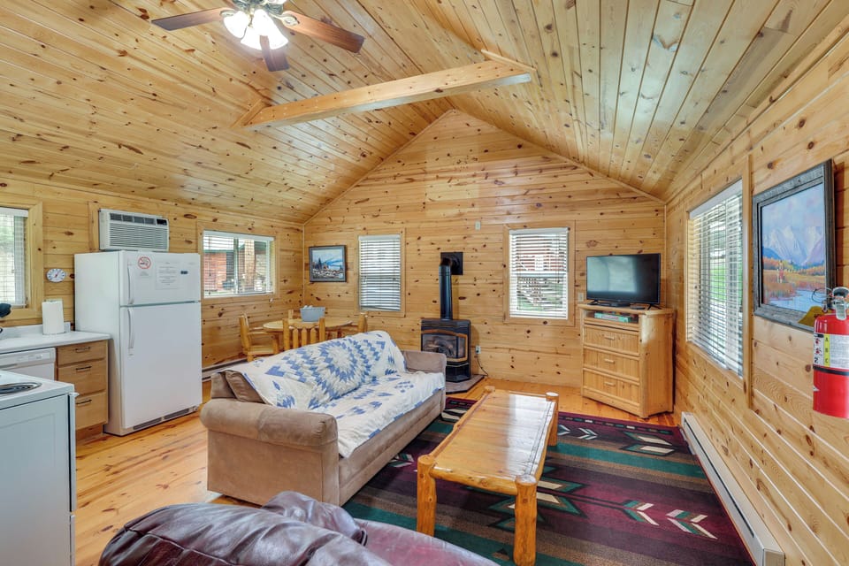 Living Room | Single-Story Cabin | In-Unit Laundry | Fireplace