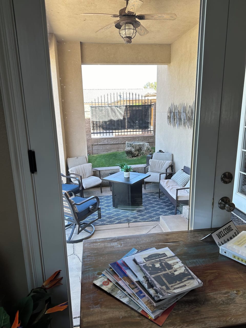 View of upper patio from living room