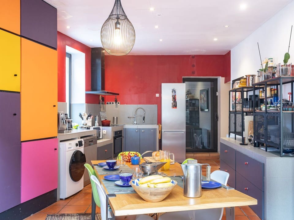 Table, Cabinetry, Furniture, Property, Countertop, Azure, Kitchen, Shelf, Interior Design, Orange
