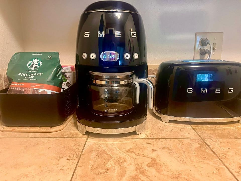 [Kitchen] Ground coffee, filter, sugar, and tea available to our guests.