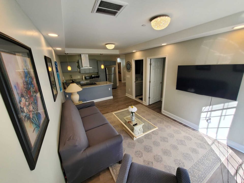 Luxurious Bright living area with 65" smart TV, modern kitchen, & French doors.