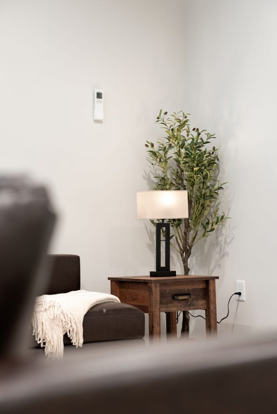 Simple and inviting with soft lighting and greenery. A quiet little nook that warms up the whole room.