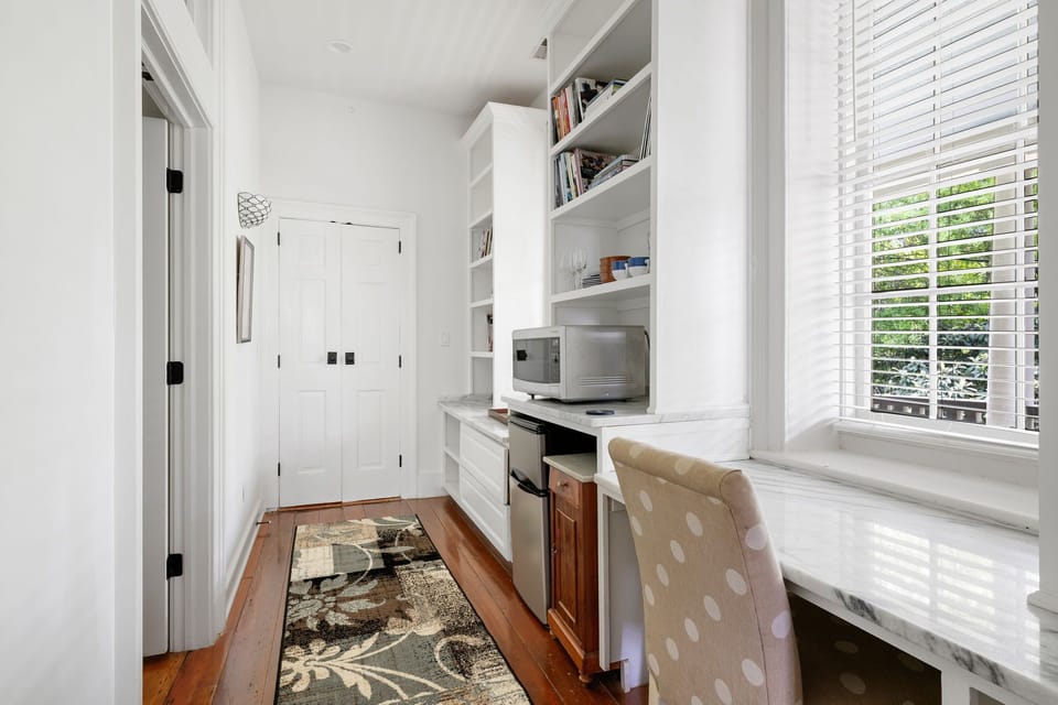 Mini fridge, microwave, and coffee maker