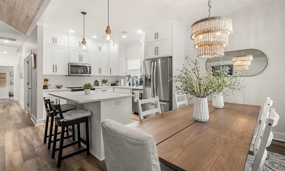 The eat in kitchen has seating for 6 at the dining table.