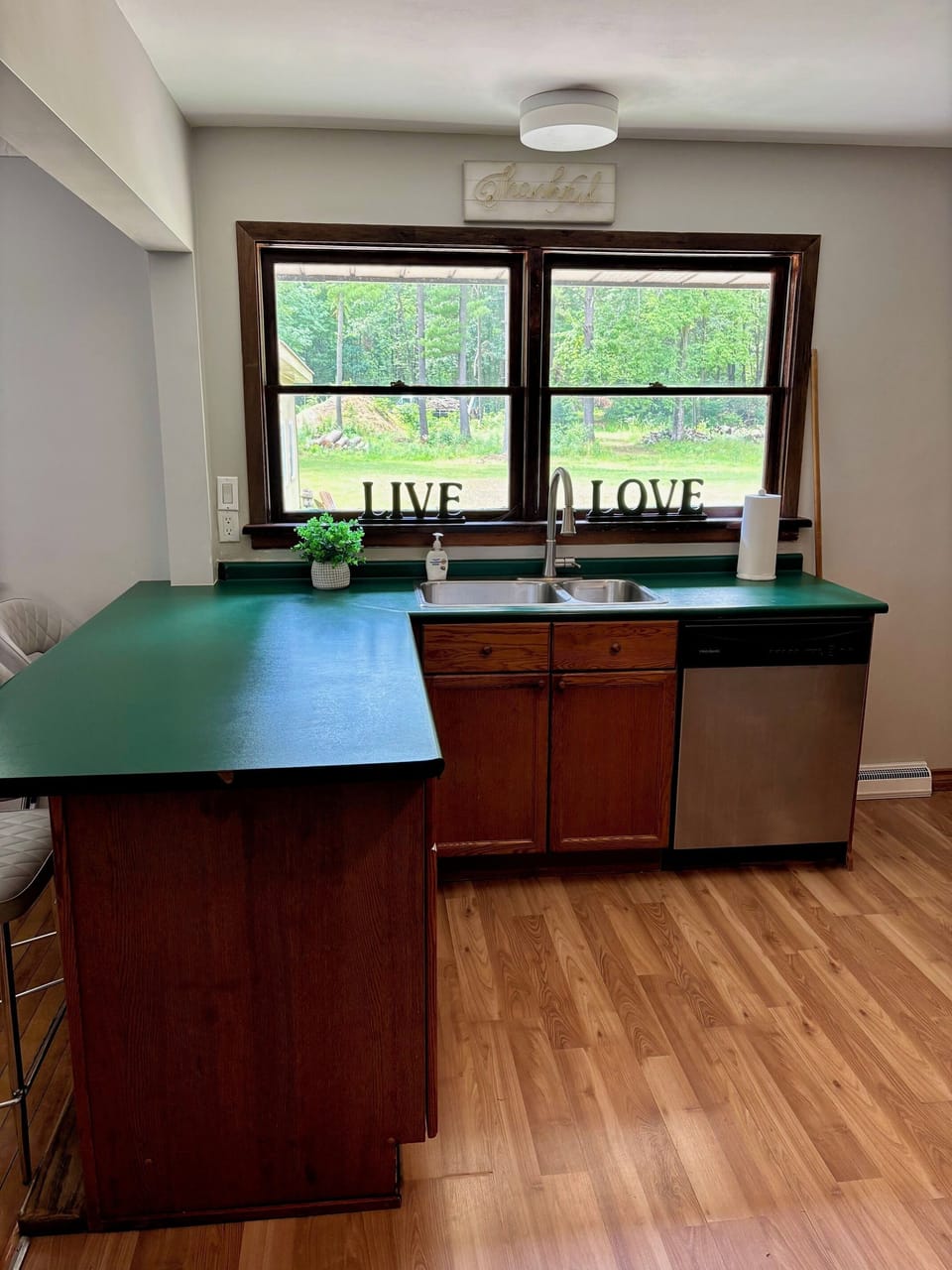 Kitchen has a fridge, stove dishwasher and microwave and great views of the yard