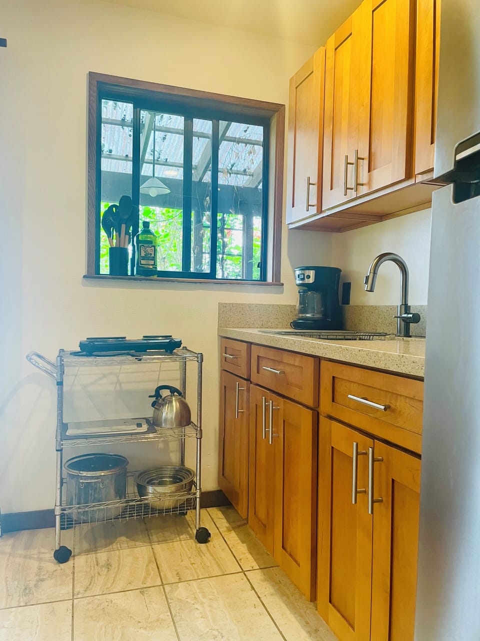 Kitchenette with full fridge/freezer and two burner electric stove.