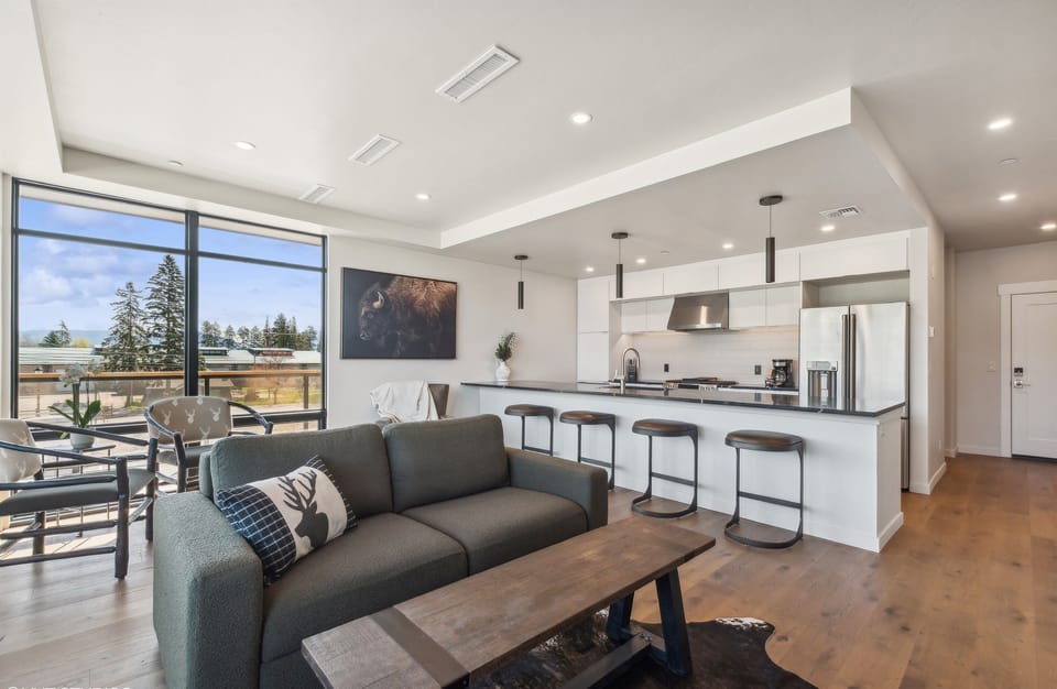 Main living space with open modern living room and kitchen. The living room features a luxury queen sofa sleeper.