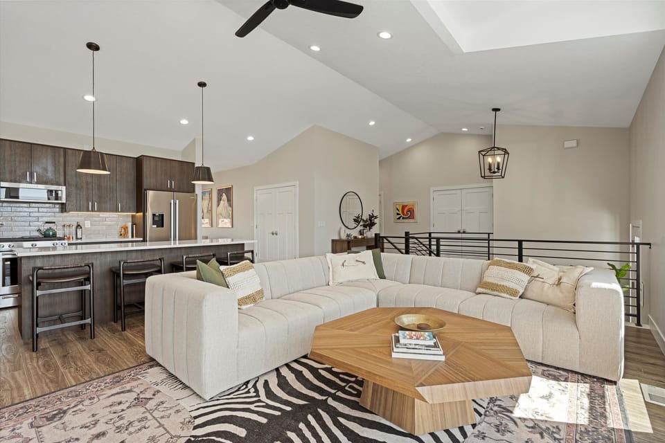 An open-concept design connects the living and kitchen areas, perfect for easy conversations with family and friends