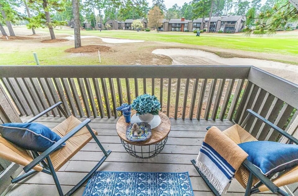 Back patio that overlooks opening hole at Pinehurst #5