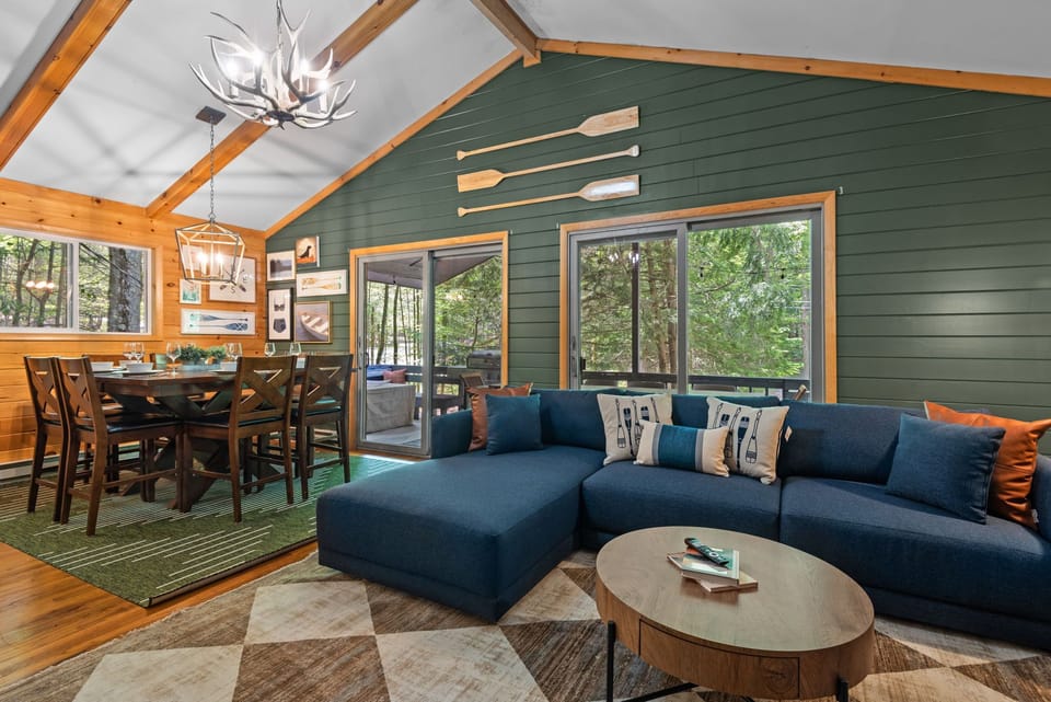 The main living area has a modern, yet rustic design
