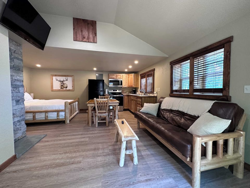 Studio layout with real log wood furniture and cozy fireplace.