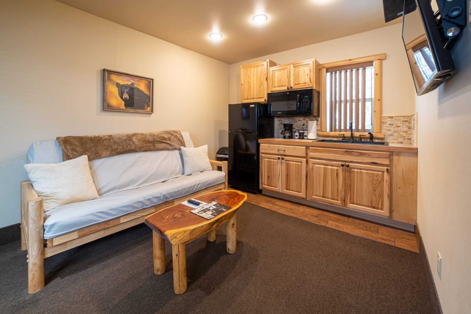 Futon, wooden coffee table and kitchenette.